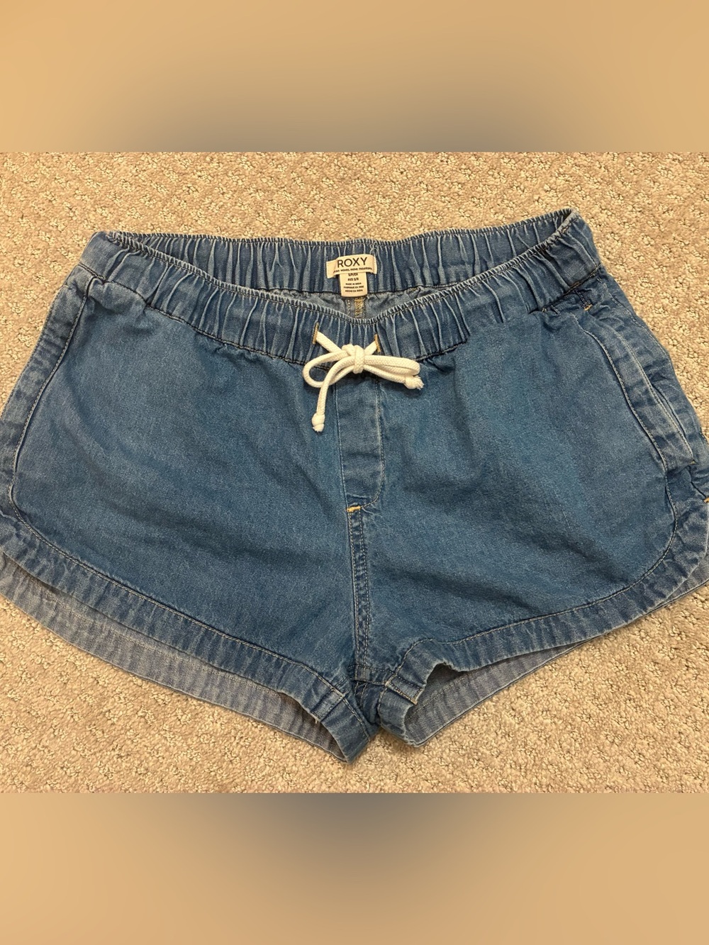 Roxy Women's Light Blue Elastic Waist Denim Shorts with Drawstring